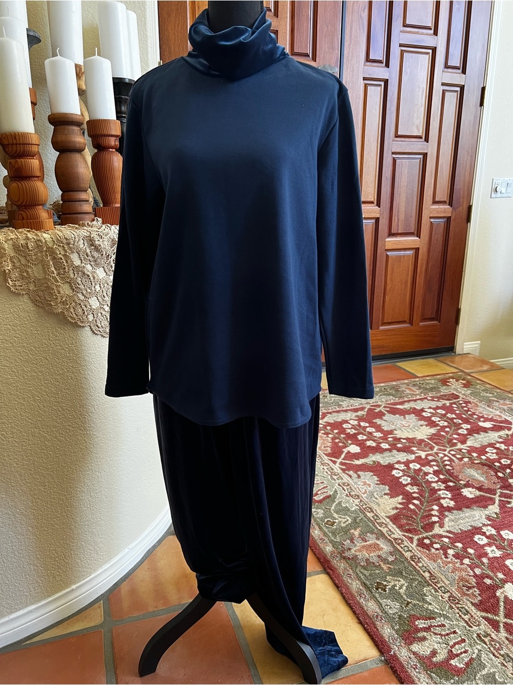 Coldwater Creek Vintage Navy Blue Slinky Cowl Neck Long Sleeve Pant Set Size M